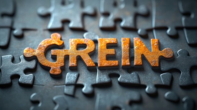 close-up of rusted orange metal letters shaped like a jigsaw piece spelling grein set into dark interlocking puzzle pieces, gritty industrial and mysterious mood
