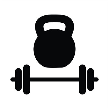 Fitness gym equipment barbell and kettlebell black silhouette icon for workout and exercise.