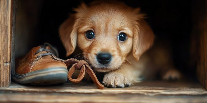 curious dog paw peeking from wooden cubby beside a worn leather shoe, cozy warm close-up