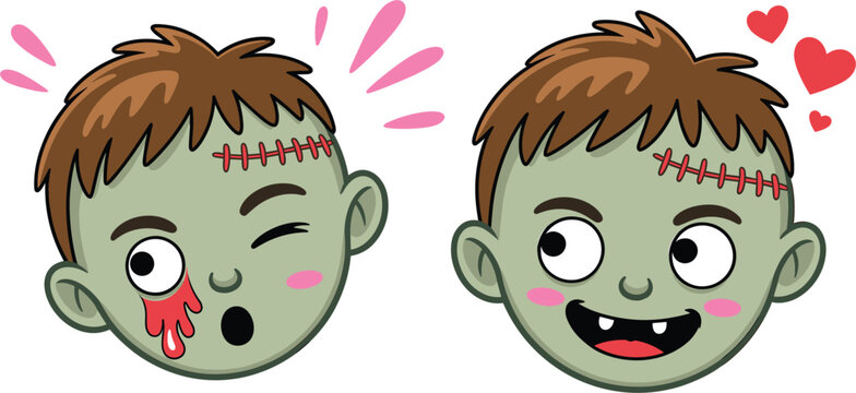 Cute zombie cartoon faces set, spooky character vector illustration for halloween