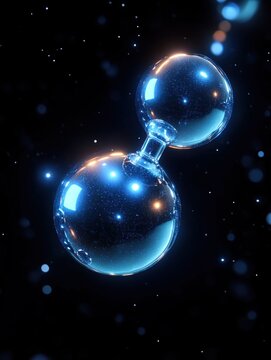 Two glowing connected glass spheres like a molecular bond floating in dark starry space with shimmering blue reflections and tiny sparkling particles, evoking wonder and serenity