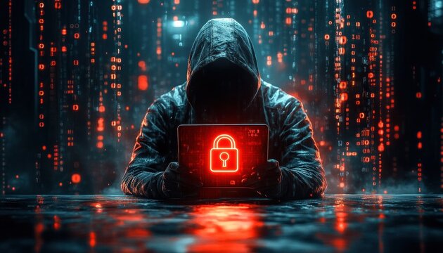 Hooded anonymous figure holding a glowing red padlock tablet amid cascading digital code in a dark ominous cyberpunk scene