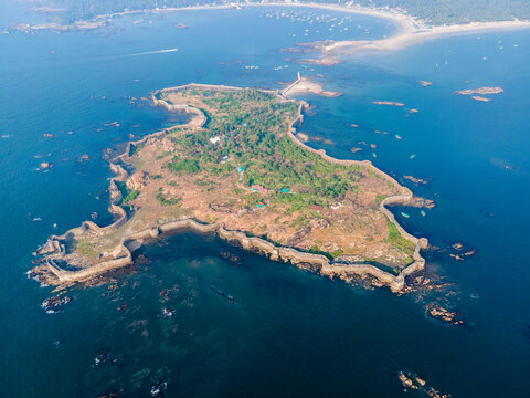 Drone View of Sindhudurg Fort Surrounded by Sea in Maharashtra, India