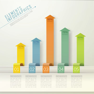 5-Step Business Growth Bar Chart Infographic. Professional Vector Template with Vertical Paper-Curl Arrows, Percentage Data Metrics, and Research Modules.