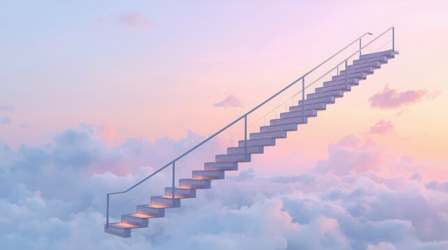 Staircase ascending through clouds to sunset sky with warm lighting effects
