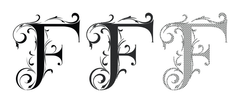 Vintage ornamental letter F set, elegant floral initial monogram vector, decorative calligraphic alphabet design for luxury branding and wedding stationery