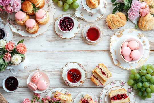 Elegant afternoon tea spread on white wooden table with floral porcelain plates, pink macarons, scones, jam-topped layer cakes, cups of tea, green grapes and roses, inviting and romantic