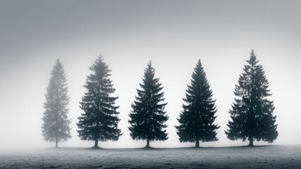 Fototapeta premium Pine trees aligned in a row, layered compression effect