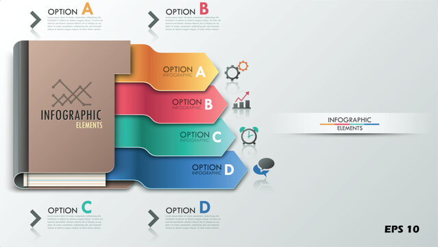 3D Notebook Index Infographic. Professional Vector Template with 4 Arrow-Style Option Tabs for Business Strategy, Education Planning, and Knowledge Management.