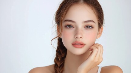 Fototapeta premium young woman with braided hair resting chin on hand, serene contemplative portrait with bare shoulders and soft lighting