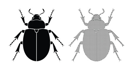 Minimalist beetle vector icons, black silhouette and halftone dot pattern insect graphics, 2 beetle elements for scientific illustration and logo design © Carter