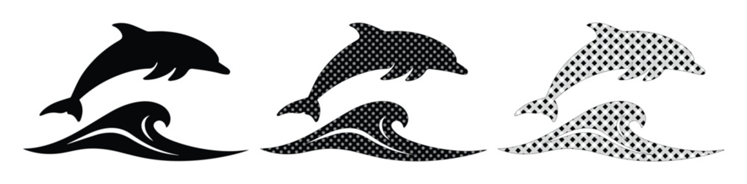 Dolphin jumping over ocean wave silhouettes, 3 black marine animal icons with halftone textures, aquatic sea life vector set for summer beach logos