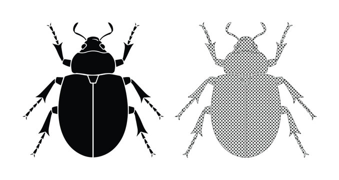 Minimalist beetle vector icons, black silhouette and halftone dot pattern insect graphics, 2 beetle elements for scientific illustration and logo design