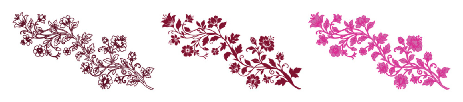 Vintage floral border vector set, elegant pink flower vine ornaments, decorative botanical scroll illustrations for wedding invitations and stationery
