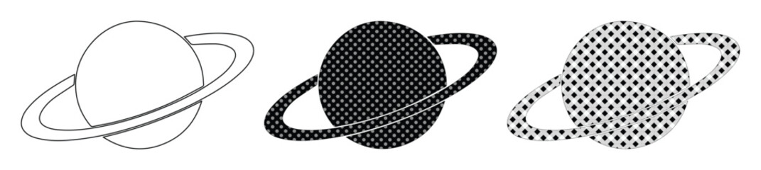 Minimalist Saturn planet icon set, black and white celestial vector illustrations, 3 ringed planet symbols in outline and halftone styles © Carter