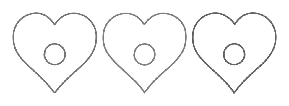 Minimalist heart map pin icons, set of 3 outline location markers with heart shape, simple black and white vector navigation symbols for travel apps