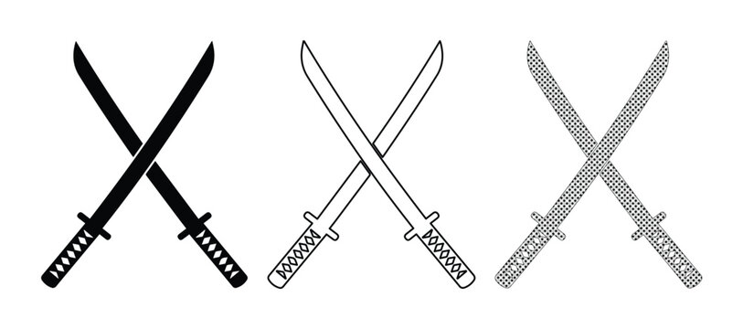 Japanese katana sword vector icons, crossed samurai blades in black and outline styles, traditional martial arts weapon set for gaming and logo design