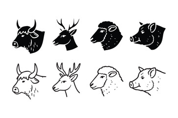 Fototapeta premium Black and white illustrations of farm animal heads in varying styles