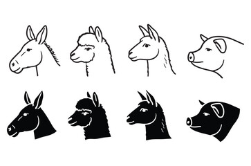 Fototapeta premium Line art depictions of farm animals including horses llamas and pigs