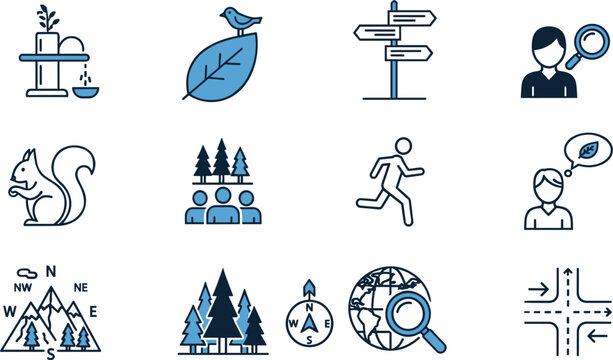Nature exploration icons set navigation wildlife travel symbols vector illustration collection modern line design elements