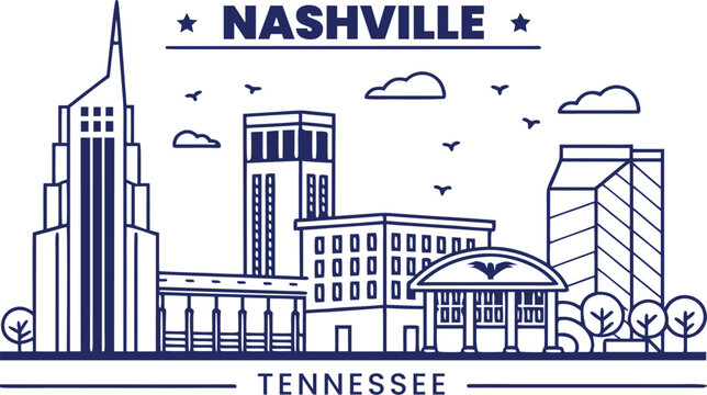 Nashville Tennessee city skyline blue silhouette vector for minimalist travel wall art poster