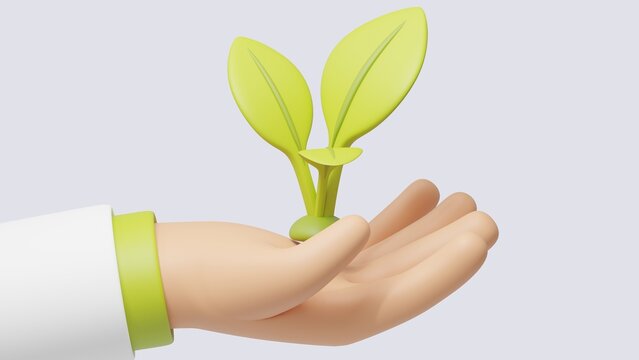 Hand with leaves on light background. Healthy lifestyle and ecology concept. 3d-render icon