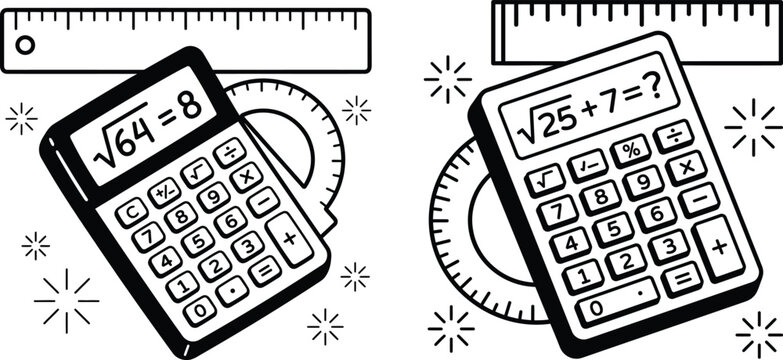 Two calculators with math equations square roots geometric tools like protractors and rulers representing concepts of mathematics science education