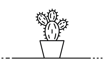 Minimalist vector illustration of a potted cactus with multiple spiny segments in a simple black line art style on a white background © StockMint