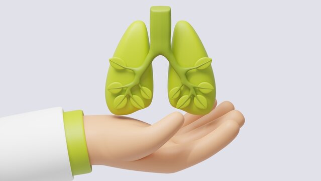 Hand with lungs on light background. Healthy lifestyle, medical healthcare concept. 3d-render icon