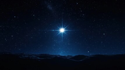 Fototapeta premium Bright lone star shining over dark rolling hills beneath a vast star-filled night sky, evoking calm, wonder, and quiet solitude