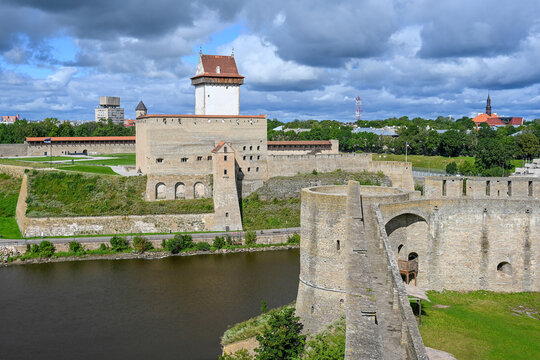 Picturesque view of Narva Castle from the walls of the Ivangorod Fortress, Leningrad region of Russia