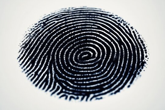 close-up black ink fingerprint on white paper showing detailed spiral ridges and a forensic mood of mystery and identity