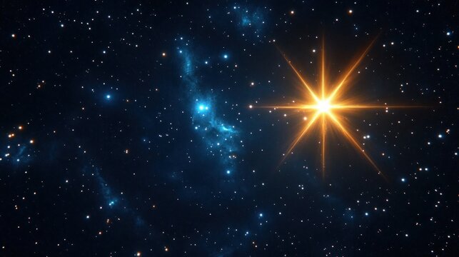 radiant golden star with sharp diffraction spikes beside a wispy blue nebula and countless twinkling stars, evoking awe and serene wonder in deep space