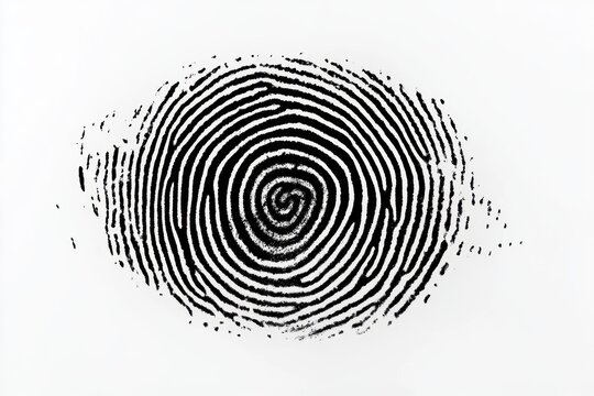 black ink fingerprint impression with concentric whorls and smudged edges on white background, evoking mystery and identity