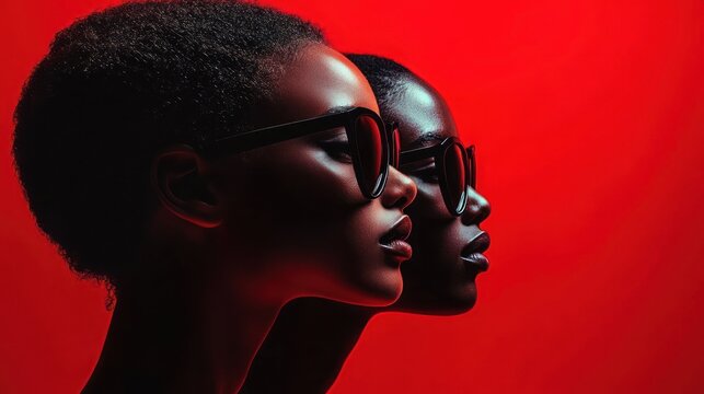 Dual-profile portrait of a confident woman with afro hair and sunglasses against a vivid red background, dramatic lighting and bold contrast