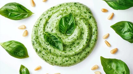 Obraz premium creamy green basil pesto swirl with fresh basil leaves and scattered pine nuts on white background, bright fresh and appetizing