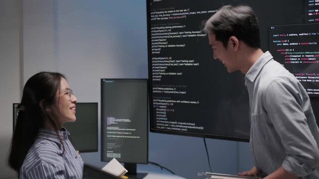 Programmer software developer project presentation monitor coding working meeting data analysis, business brainstorming discussion concept