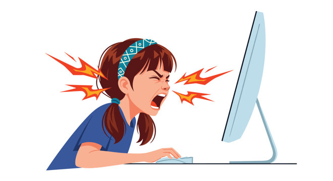 Angry young girl in a blue shirt screams at a computer screen with stylized red and orange energy bolts erupting from her face in frustration.