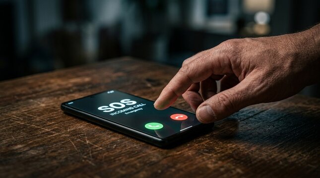 Pessoa acionando bot&atilde;o de emerg&ecirc;ncia SOS no smartphone