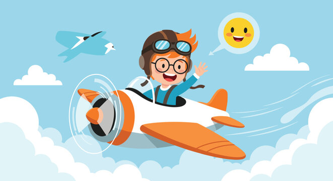 Brave young boy pilot flies a small orange and white airplane through white clouds under a blue sky with a smiling sun icon in his thoughts.