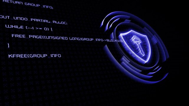 white color computer running programming codes for breaking hi-tech security system shield and key data protection futuristic design loopable black technology 3D background