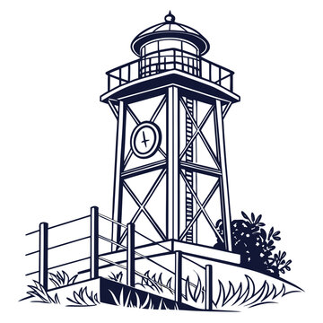 Lighthouse, tower, clock tower, blue line art, vector illustration