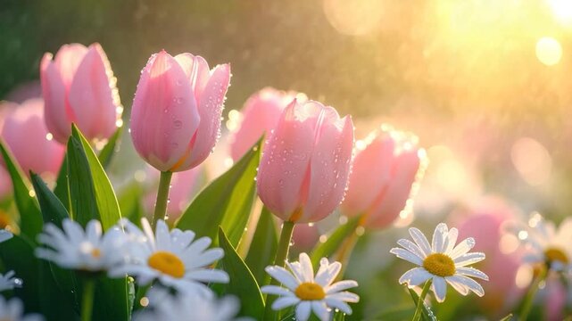 A close-up of pink tulips and white daisies glistening with droplets of water in sunlight