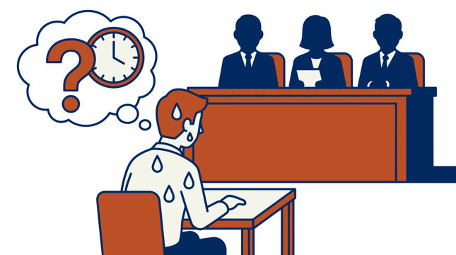 Man sweating during job interview with panel of judges, performance anxiety and stress concept, flat vector illustration of office pressure, time management and difficult questioning.