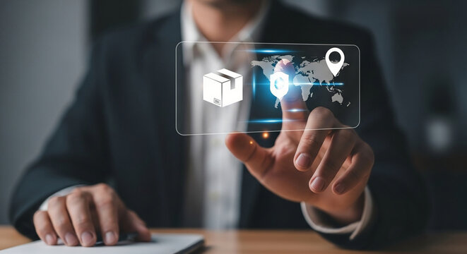 Businessman's hand engages virtual screen, visualizing secure global logistics, efficient package delivery, and advanced digital tracking