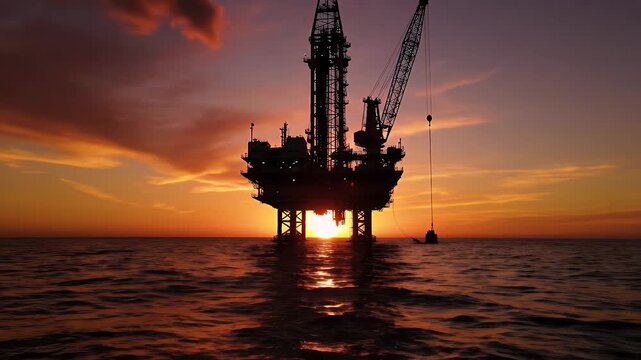 Offshore Drilling Rig at Sunset - A jackup drilling rig is silhouetted against a dramatic sunset over the open ocean.