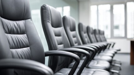 Fototapeta premium Office chairs aligned in meeting room, clean modern office background