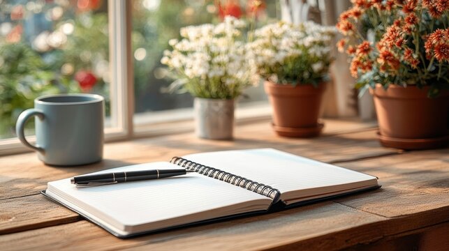 open spiral notebook with pen on a wooden windowsill, ceramic mug and potted flowers bathed in warm morning light, peaceful cozy reflective atmosphere