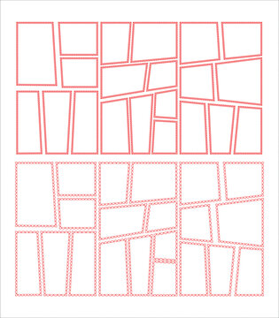Blank comic book page template with red border frames and multiple panels on white background.