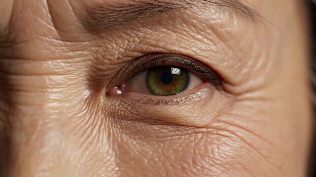 Macro shot of eye of 60 year old women showing wrinkles and aging